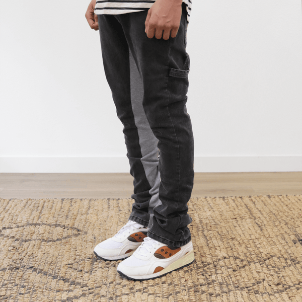 Contrast Denim Flared Painter Pants - Grey