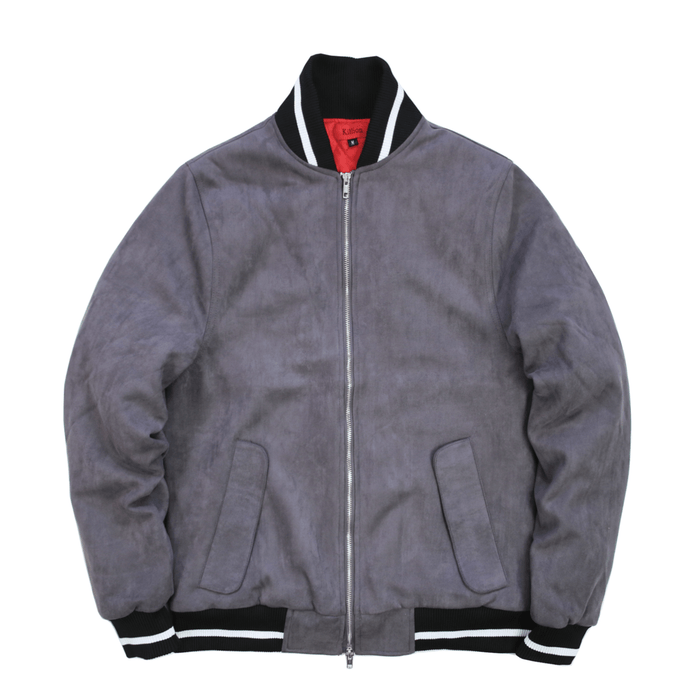 Striped Rib Suede Bomber Jacket - Charcoal