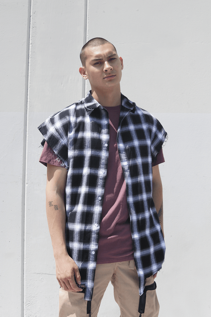 Cut Off Flannel Button Up - Black