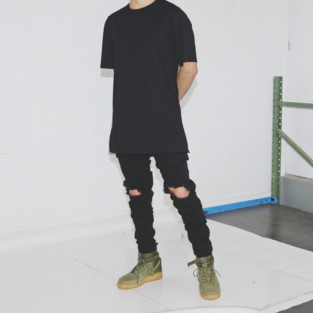 Destroyed Knee Rip Denim Jeans - Black
