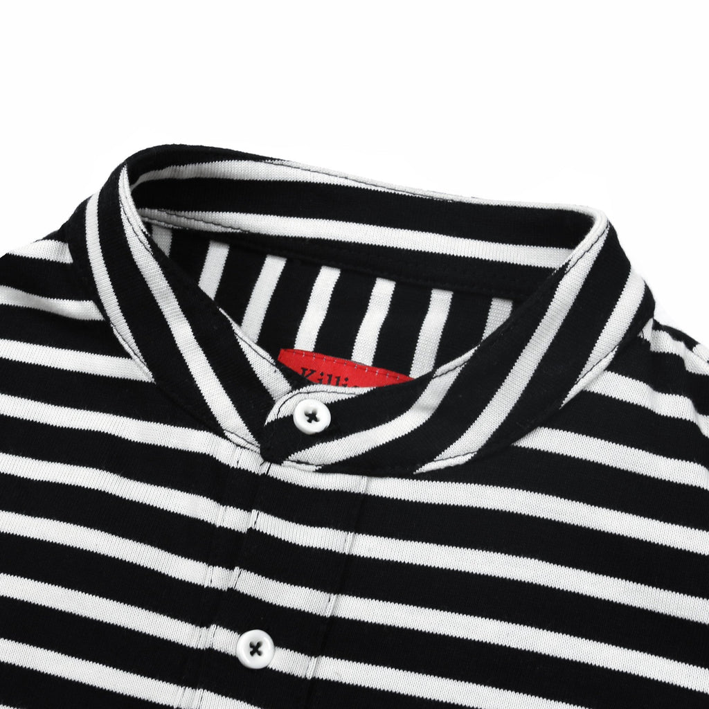 Striped Knit Grandad Collar Polo Shirt
