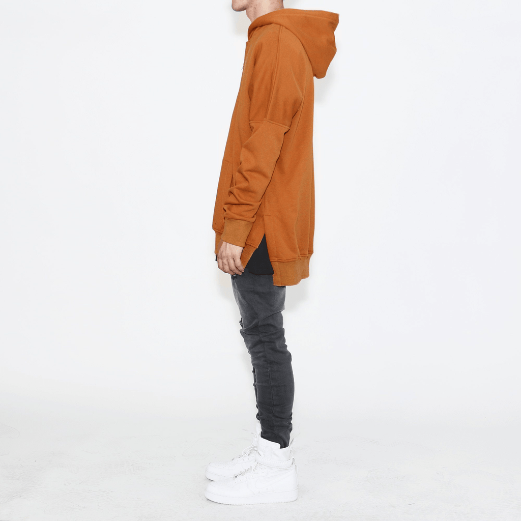 Side Cut Quarter Zip Hoodie - Tan Brown