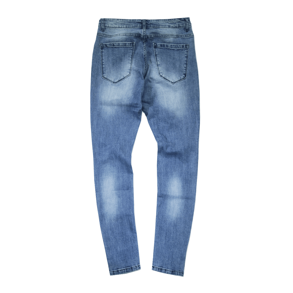 Destroyed Knee Rip Denim Jeans - Medium Blue