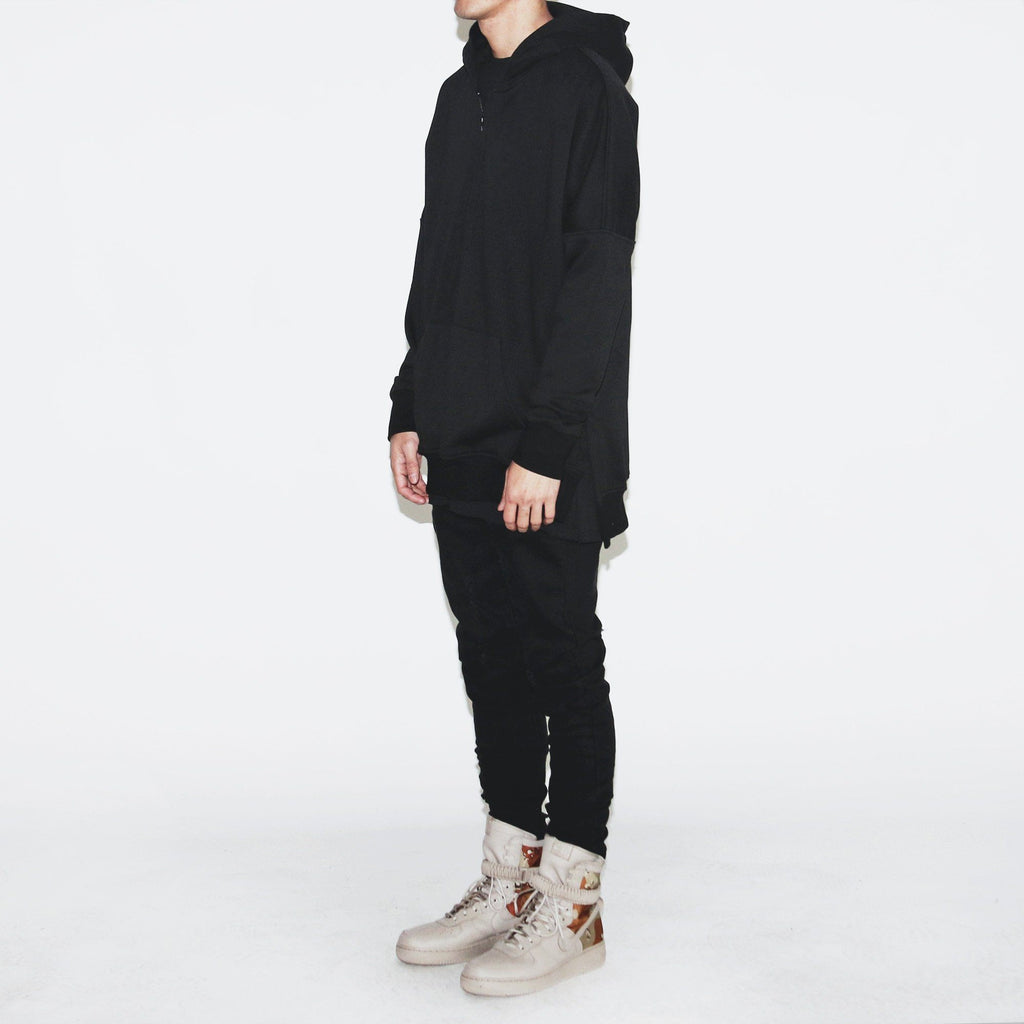 Side Cut Quarter Zip Hoodie - Black