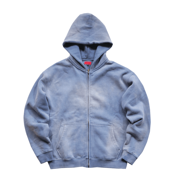 Drop Shoulder Full Zip Hoodie - Washed Blue