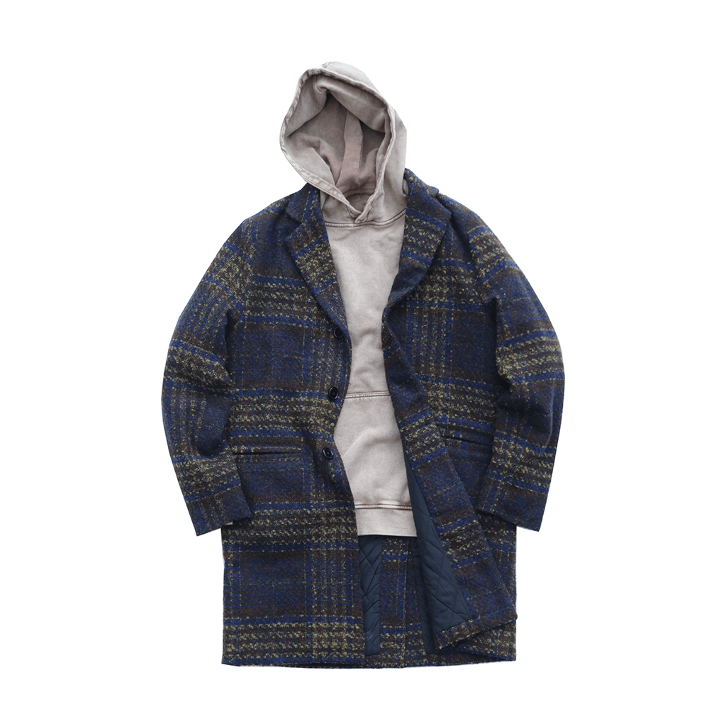 Navy Patterned Wool Patterned Wool Coat - Brown/Navy/Sand