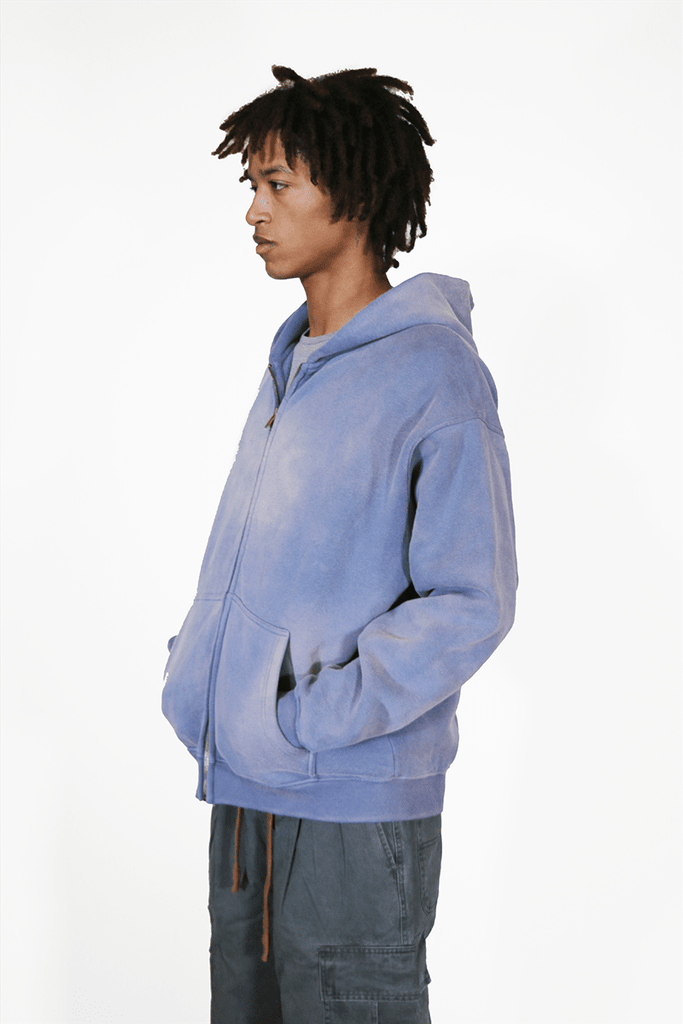 Drop Shoulder Full Zip Hoodie - Washed Blue