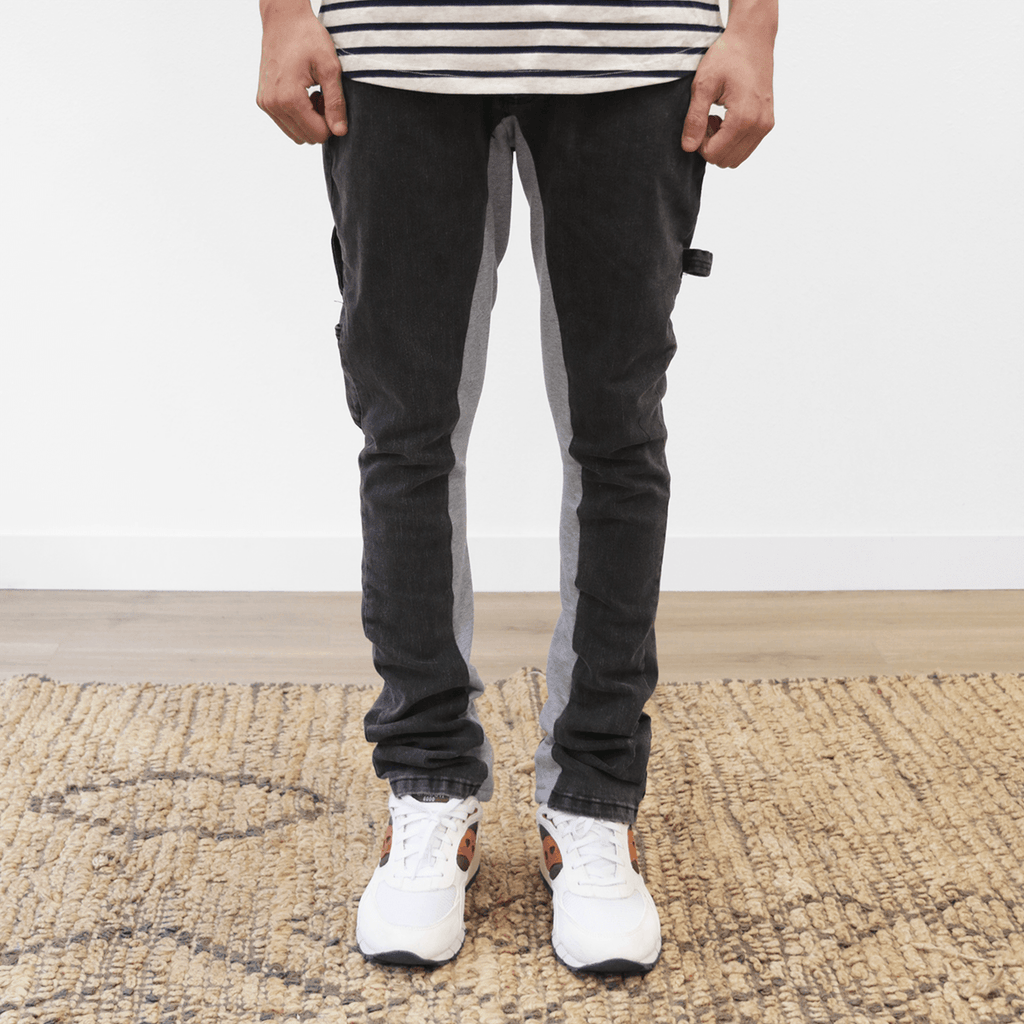 Contrast Denim Flared Painter Pants - Grey