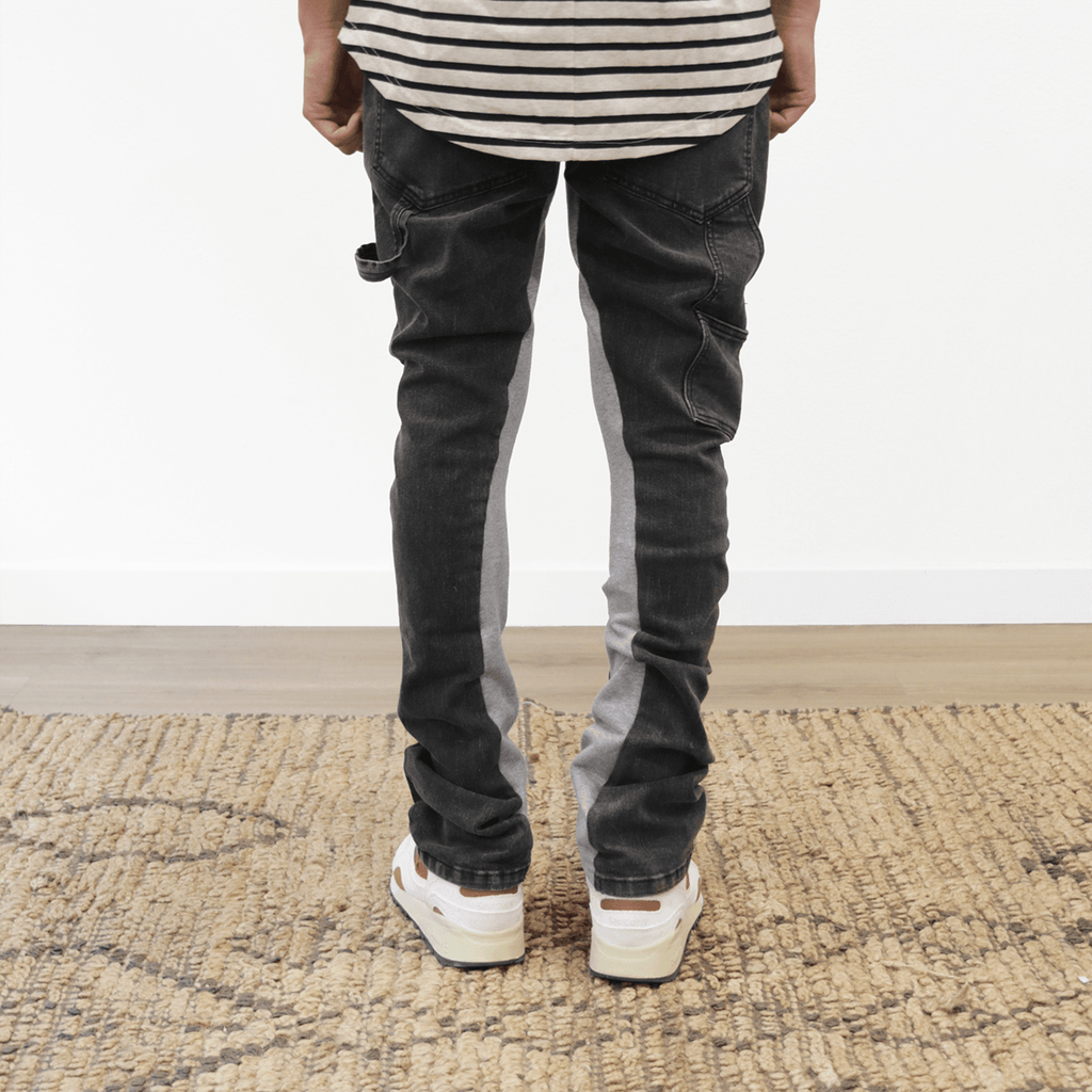 Contrast Denim Flared Painter Pants - Grey