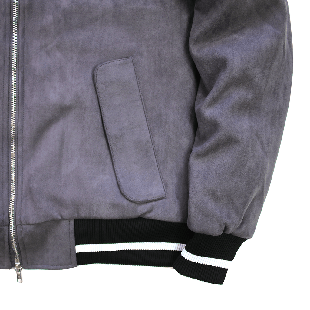 Striped Rib Suede Bomber Jacket - Charcoal