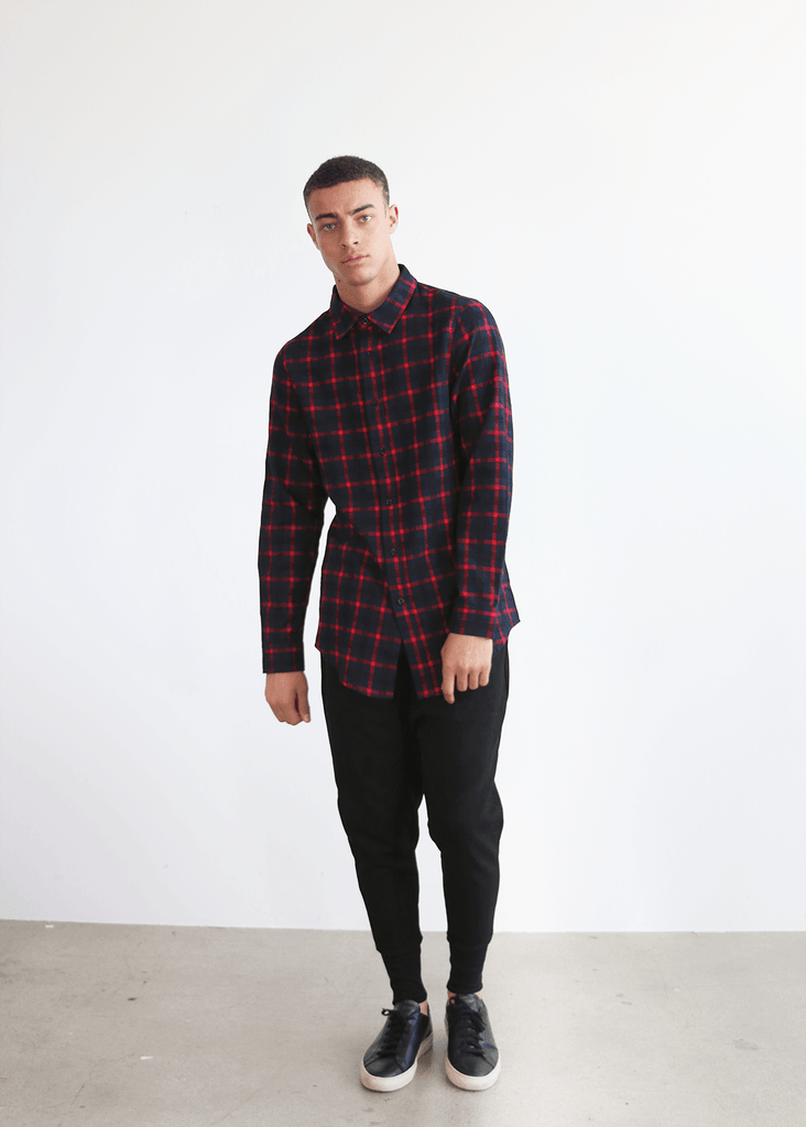 Grid Flannel Button Up - Navy/ Red