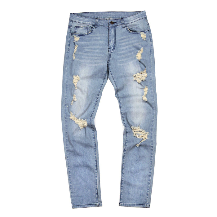 Distressed Stonewashed Denim Jeans - Blue